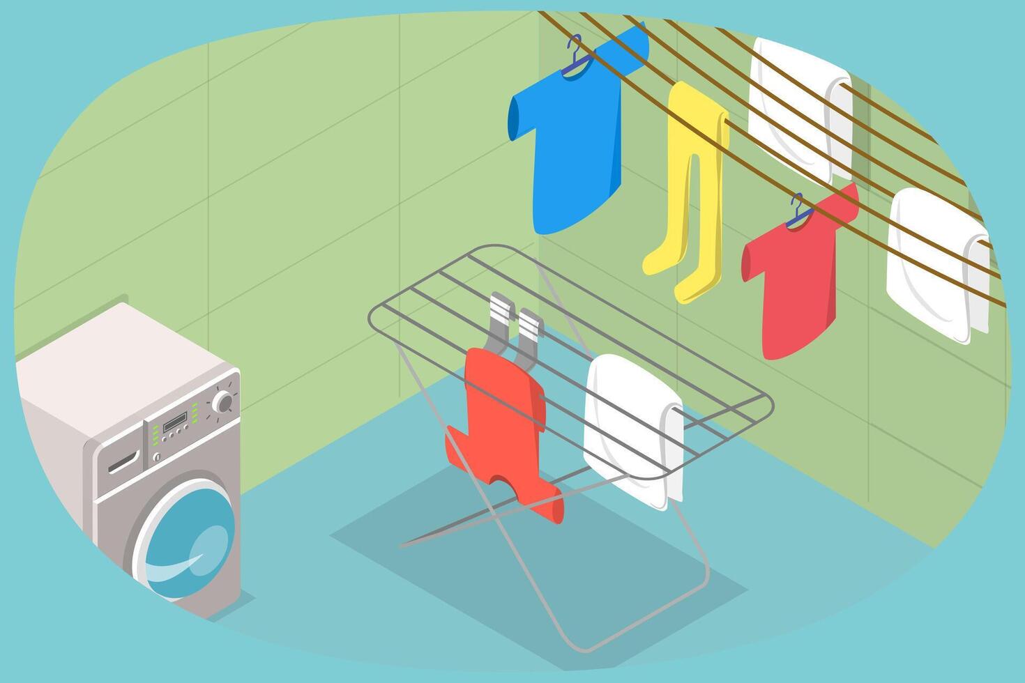 3D Isometric Flat Conceptual Illustration of Washing And Drying, Home Laundry, Domestic Routine vector