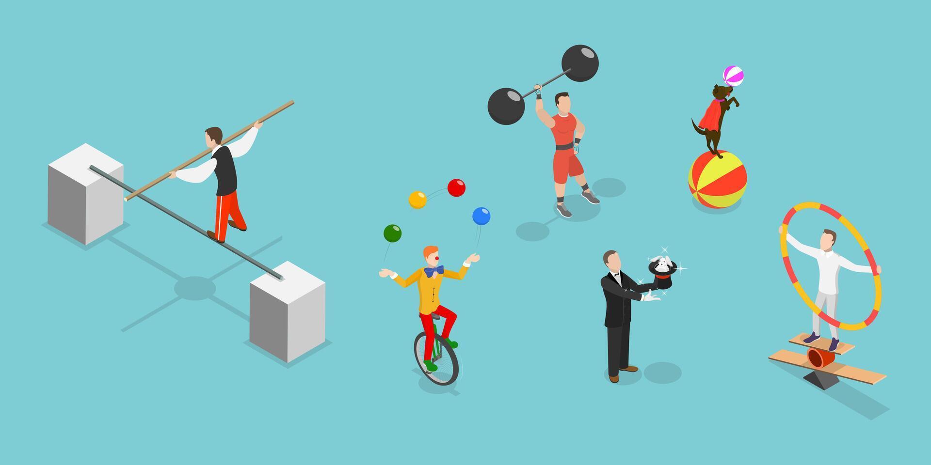 3D Isometric Flat Set of Circus Characters, Clown, Strongman, Acrobats, Trained Animals, Hooper, Juggling Unicyclist vector
