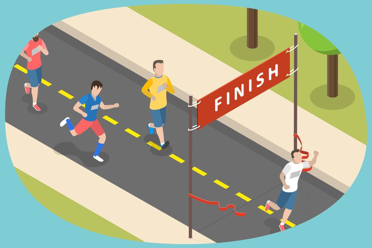 3D Isometric Flat Conceptual Illustration of Marathon Winner, Crossing the Finish Line vector