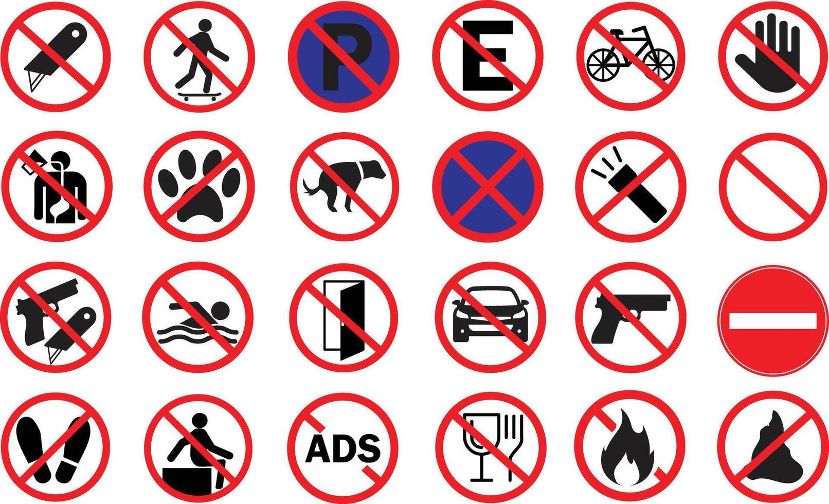 ISO Prohibited Action sign set collection. 24 ban signs, black circles vector