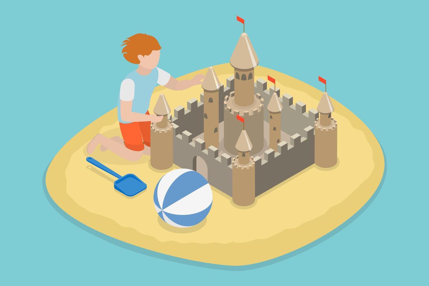 3D Isometric Flat Conceptual Illustration of Kid Building a Sand Castle, Summer Vacation Entertainment vector