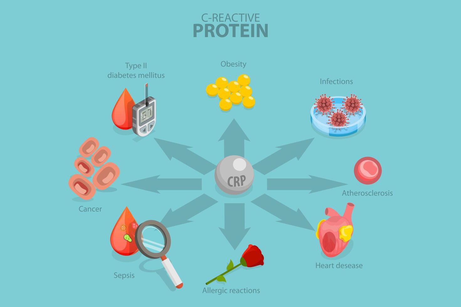 3D Isometric Flat Conceptual Illustration of C-reactive Protein, Risk of Developing Different Diseases vector