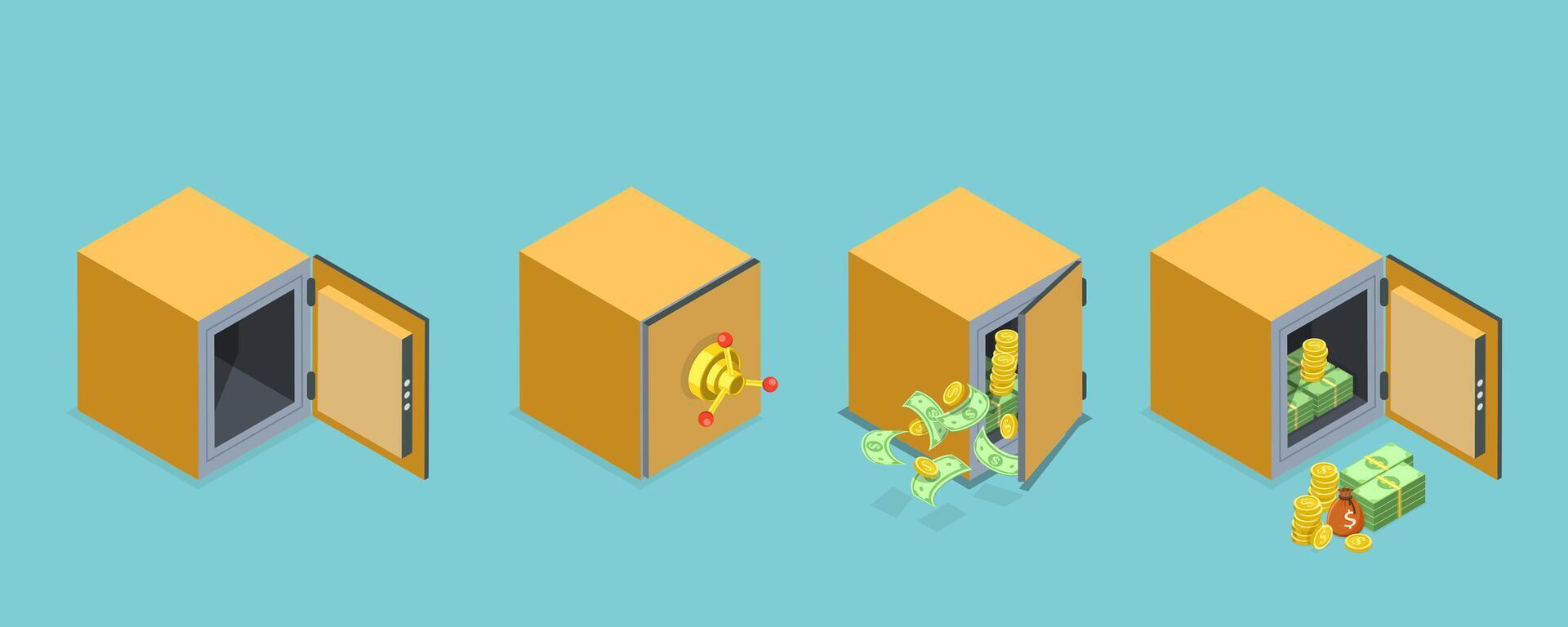 3D Isometric Flat Set of Bank Vaults, Steel Lockers, Deposit Boxes vector