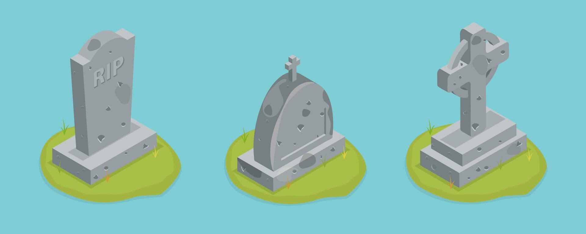 3D Isometric Flat Set of Graveyard Tombstones, Old Tomb Collection vector