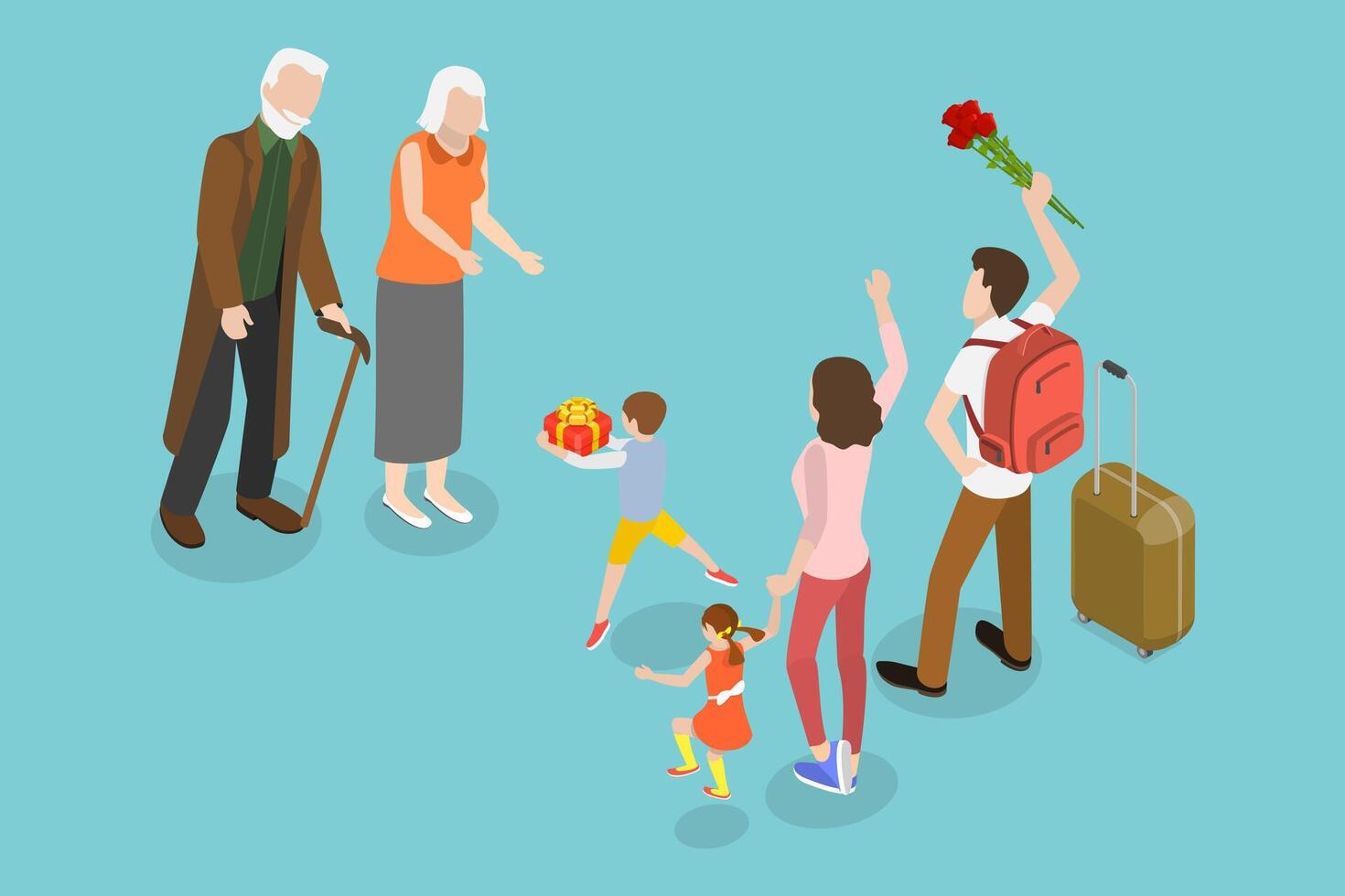 3D Isometric Flat Conceptual Illustration of Meeting Family, Happy Grandchildren Visiting Grandparents vector