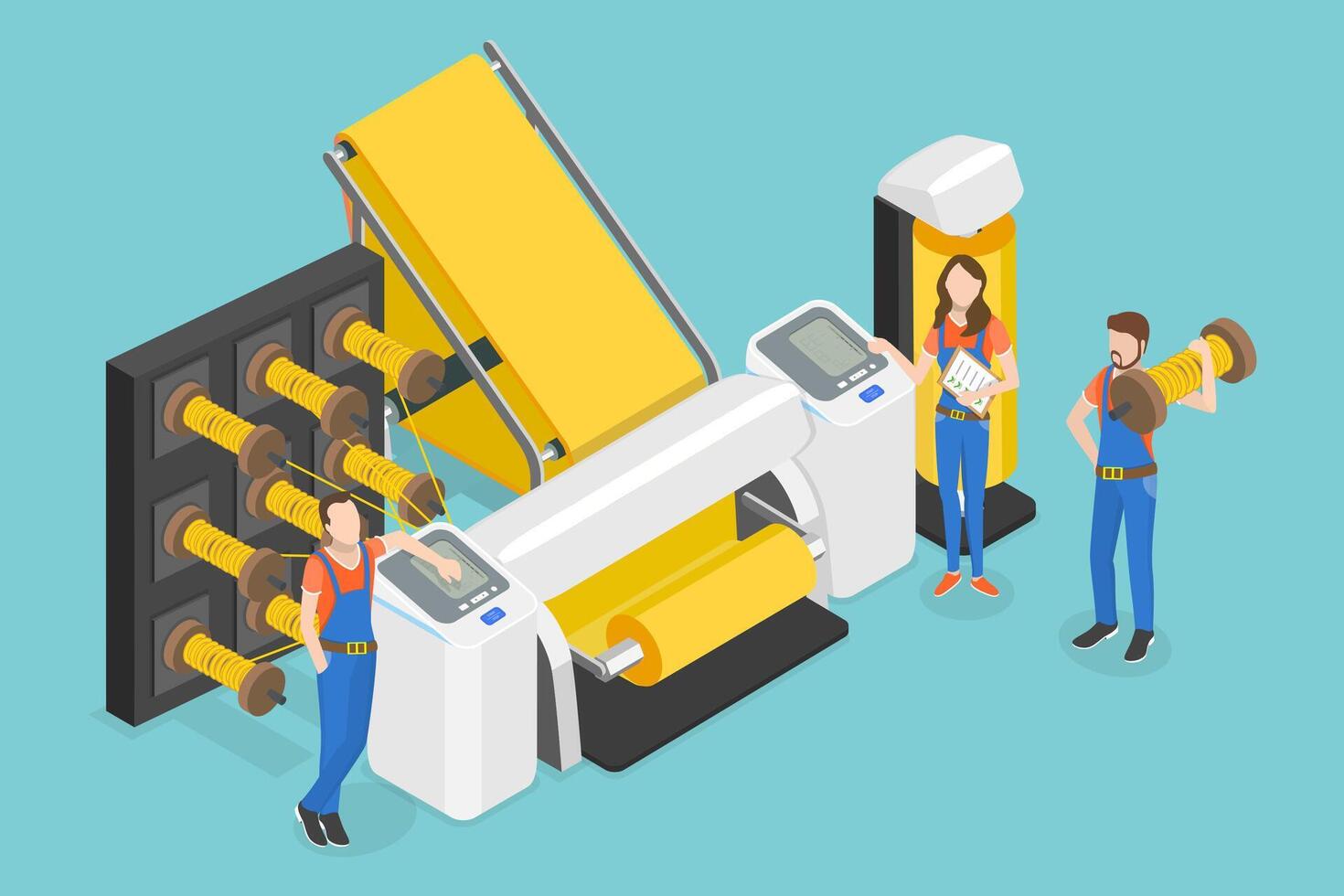 3D Isometric Flat Conceptual Illustration of Fabric Production Factory, Textile Machinery Manufacture vector