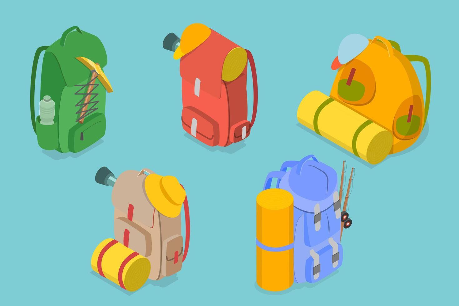 3D Isometric Flat Set of Traveler Camp Knapsacks, Tourist Bag with Accessories vector