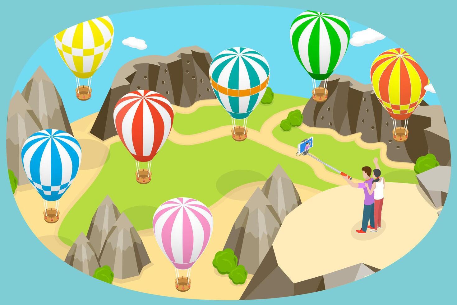 3D Isometric Flat Conceptual Illustration of Cappadocia Rocks, Turkey, Beautiful Landscape with Flying Hot Air Balloons vector