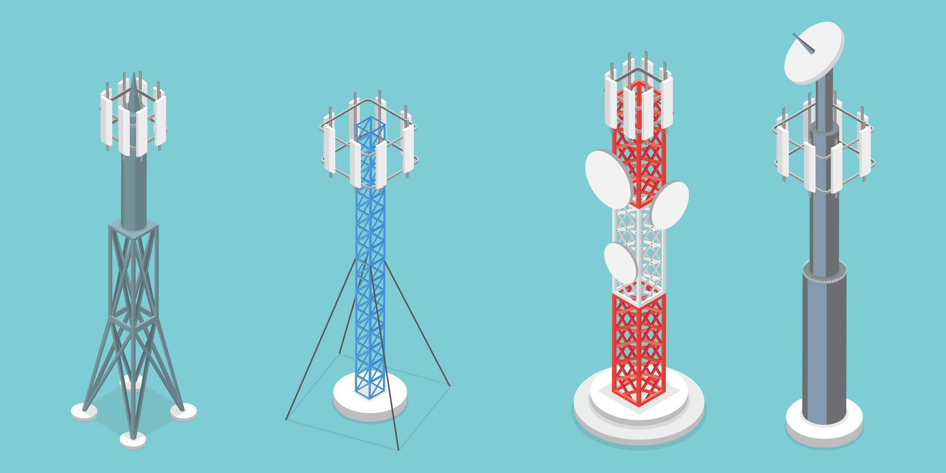 3D Isometric Flat Set of Telecom Towers, Communicating Radio Constructions vector