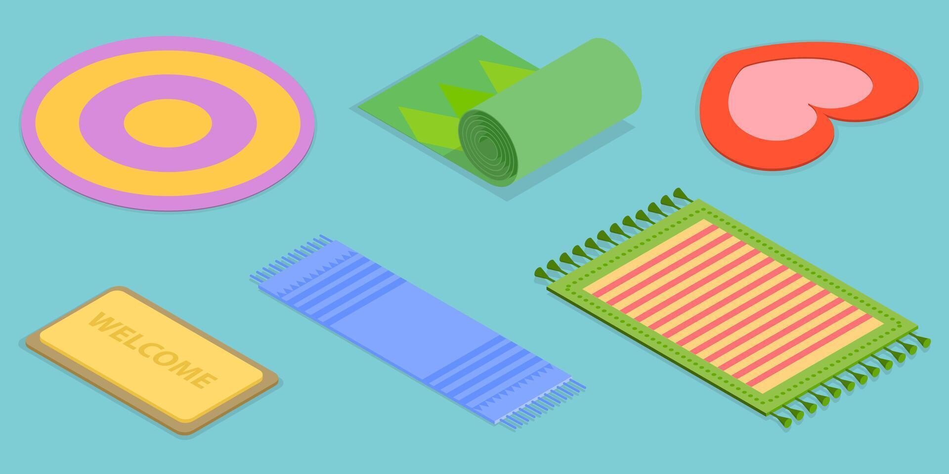 3D Isometric Flat Set of Carpets, Cozy Home Textile Decorative Elements vector