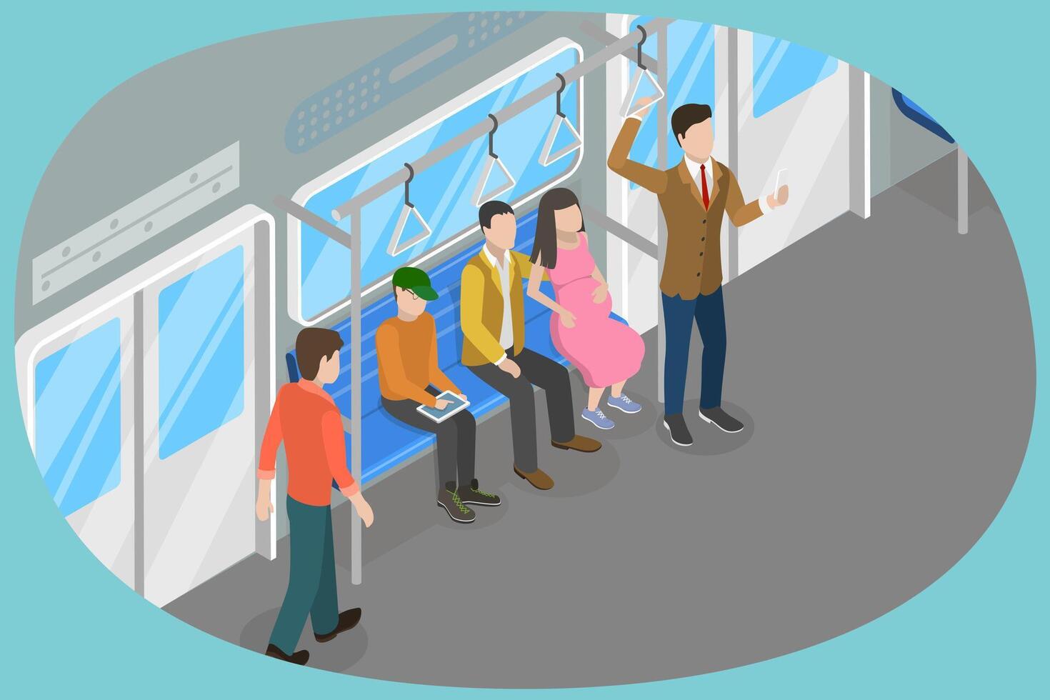 3D Isometric Flat Conceptual Illustration of Public Transport, Persons in Train Interior vector