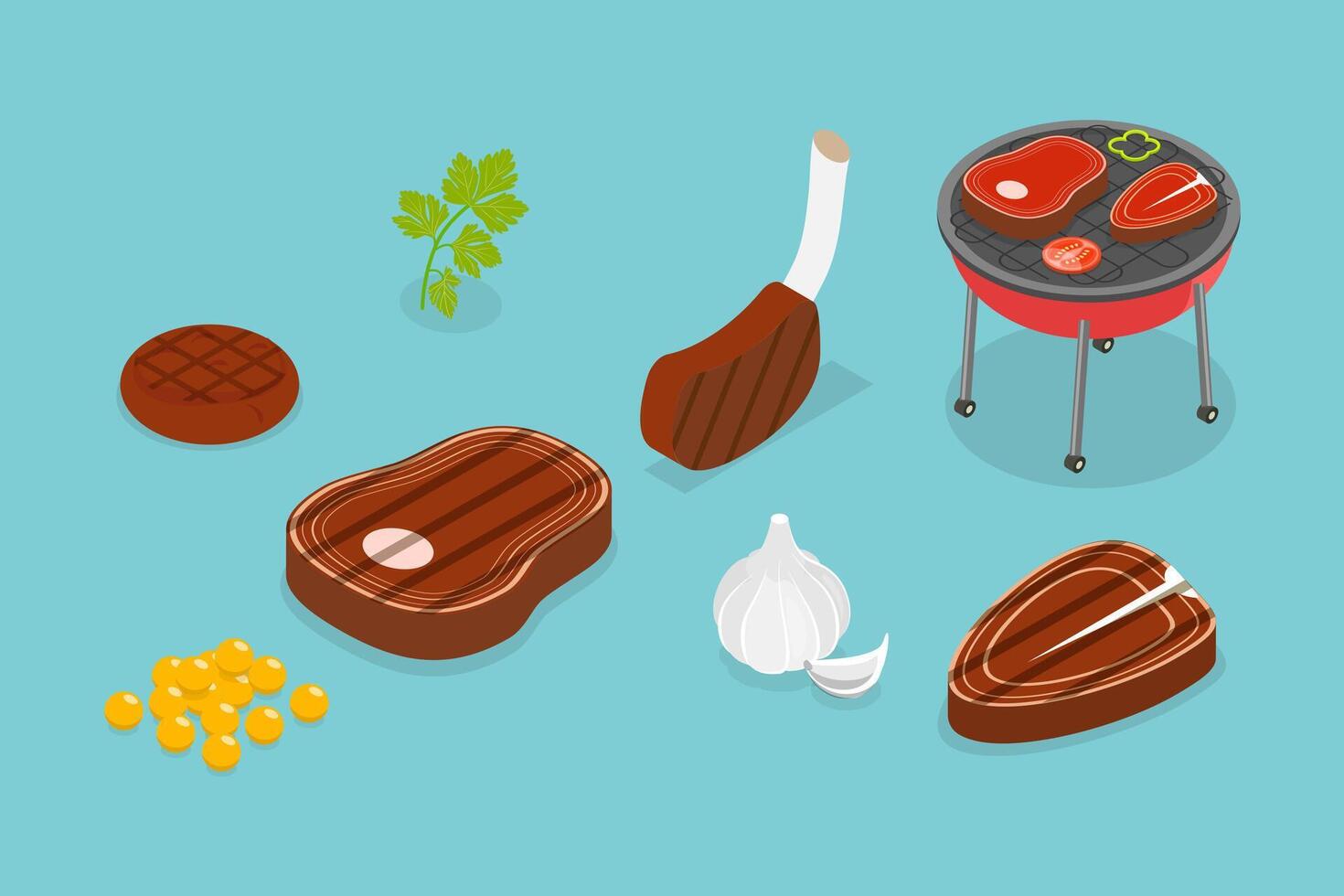 3D Isometric Flat Set of Beef Steaks, BBQ and Grilled Meat vector