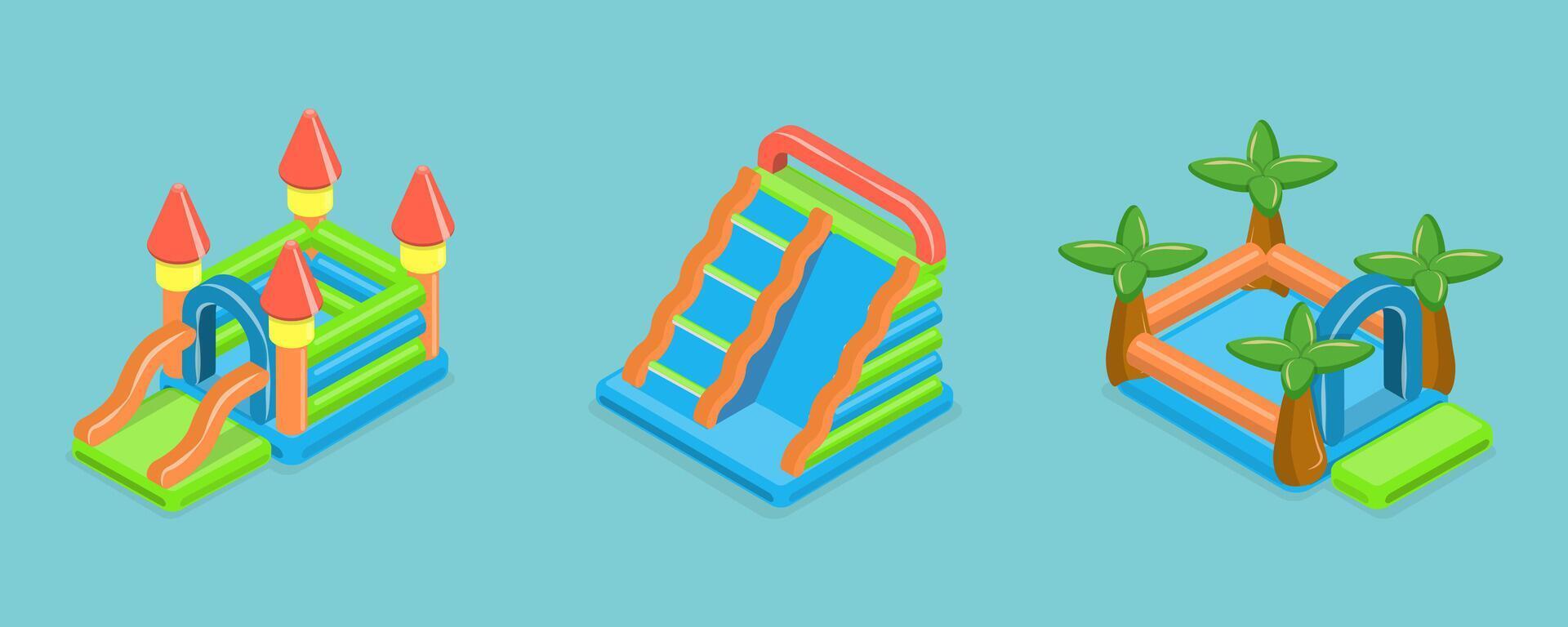3D Isometric Flat Set of Bouncy Inflatable Castles, Entertainment for Kids vector