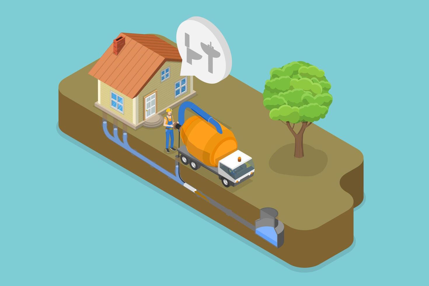 3D Isometric Flat Conceptual Illustration of Sewer Cleaning Service, Removing Sewerage Obstructions vector