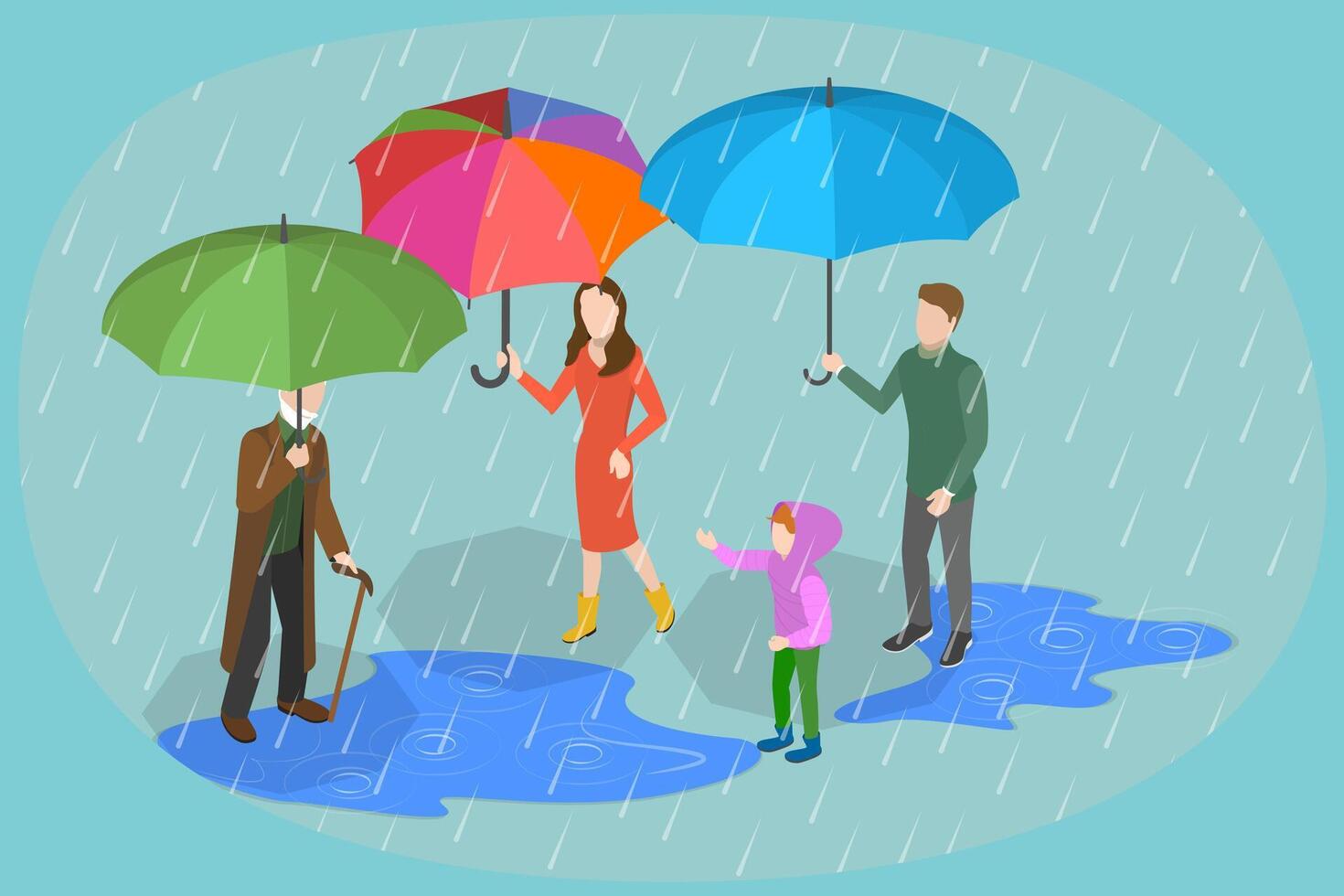 3D Isometric Flat Set of People In A Rainy Day, Autumn Season vector