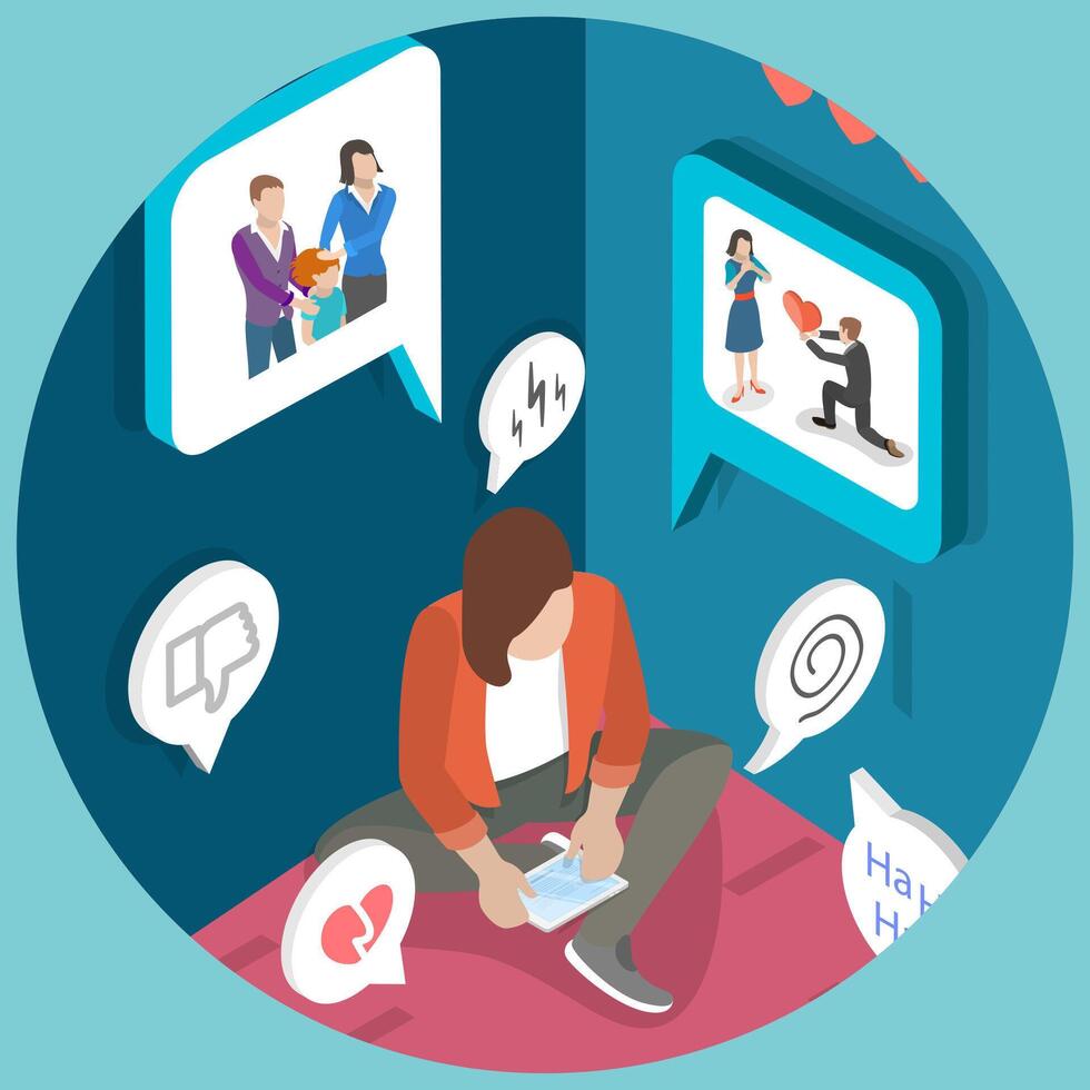 3D Isometric Flat Conceptual Illustration of Envy And Jealousy, Depression, Stress and Loneliness vector