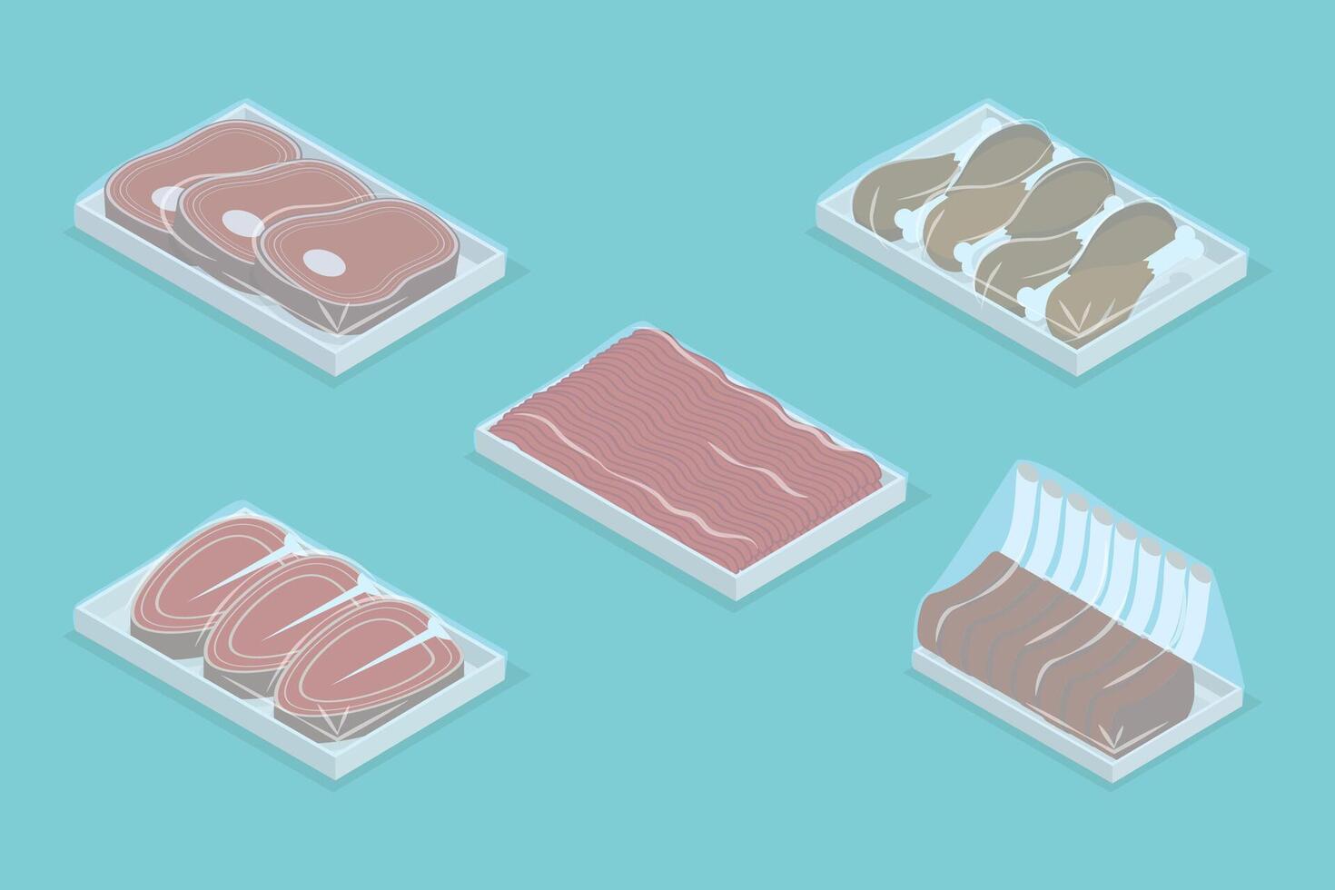 3D Isometric Flat Set of Frozen Meat, Vacuum-packaged Food vector