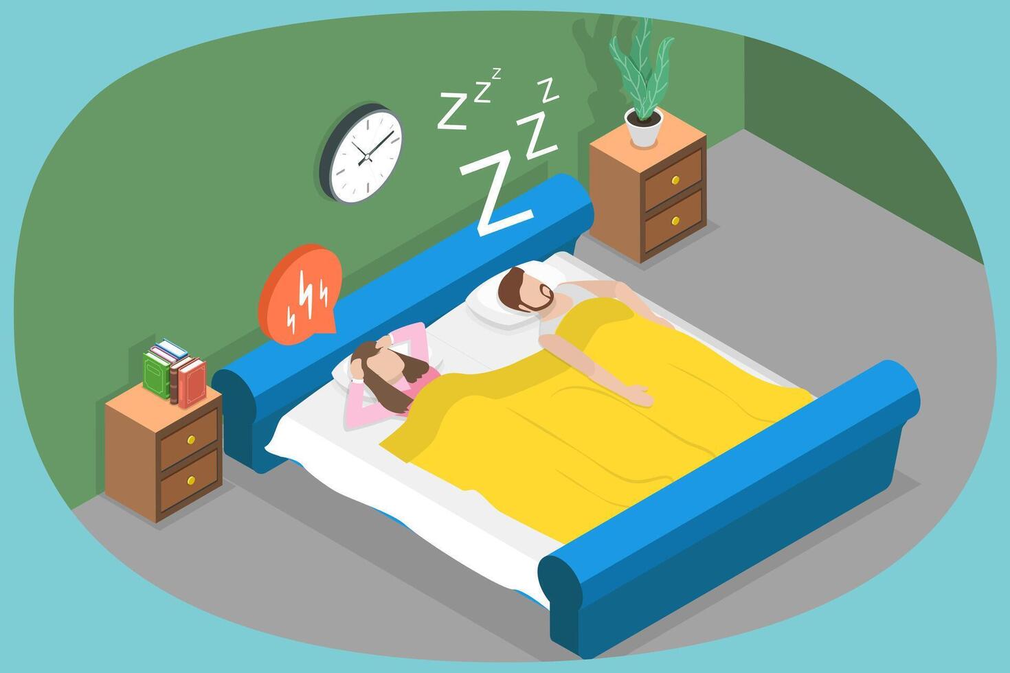 3D Isometric Flat Conceptual Illustration of Snoring, Husband Snores Loudly Next to Angry Frustrated Wife vector