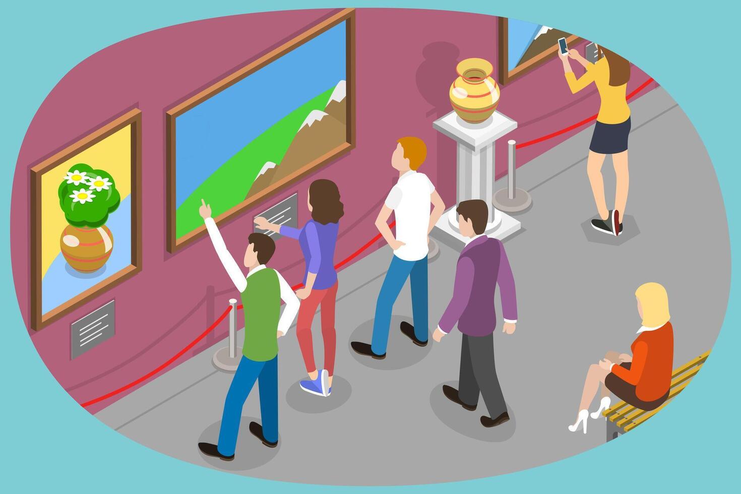 3D Isometric Flat Conceptual Illustration of Art Gallery, Tourists Looking at Paintings at Ehibition vector