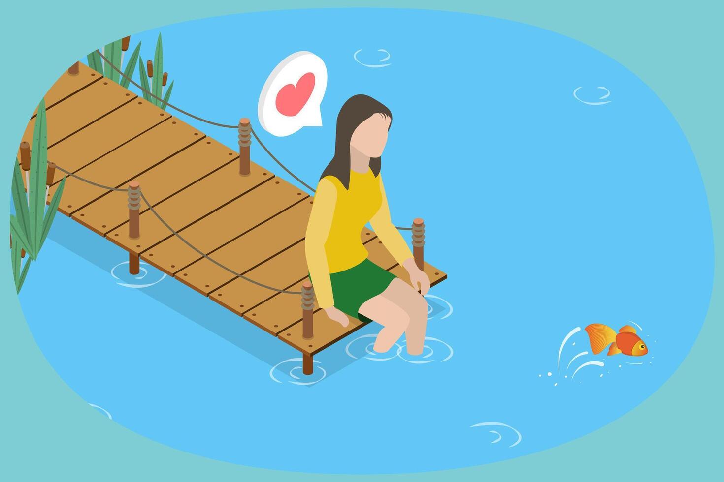3D Isometric Flat Conceptual Illustration of Enjoying Summer, Female Sitting on Wooden Pier by a Lake vector
