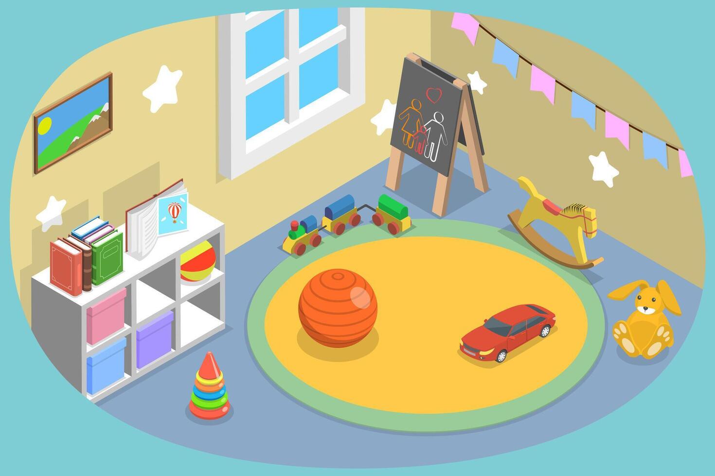 3D Isometric Flat Conceptual Illustration of Kindergarten Playroom, Classroom of Nursery School vector