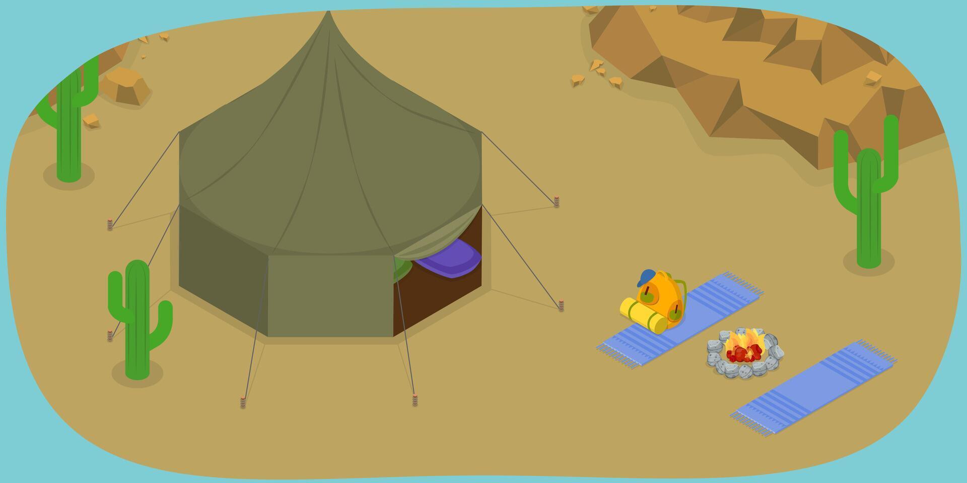 3D Isometric Flat Conceptual Illustration of Bedouin Camp, Safari Tent in the Desert Savannah vector