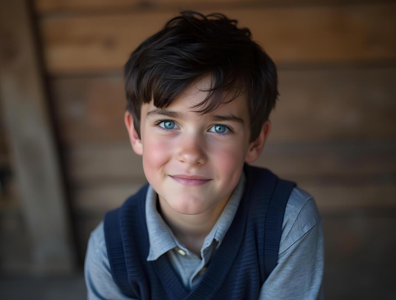 A young boy with blue eyes sitting on a wooden floor photo