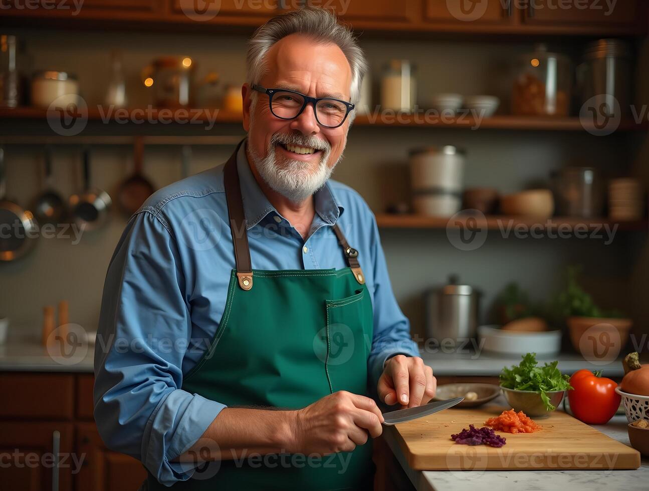 A man with glasses and apron is cutting vegetables photo
