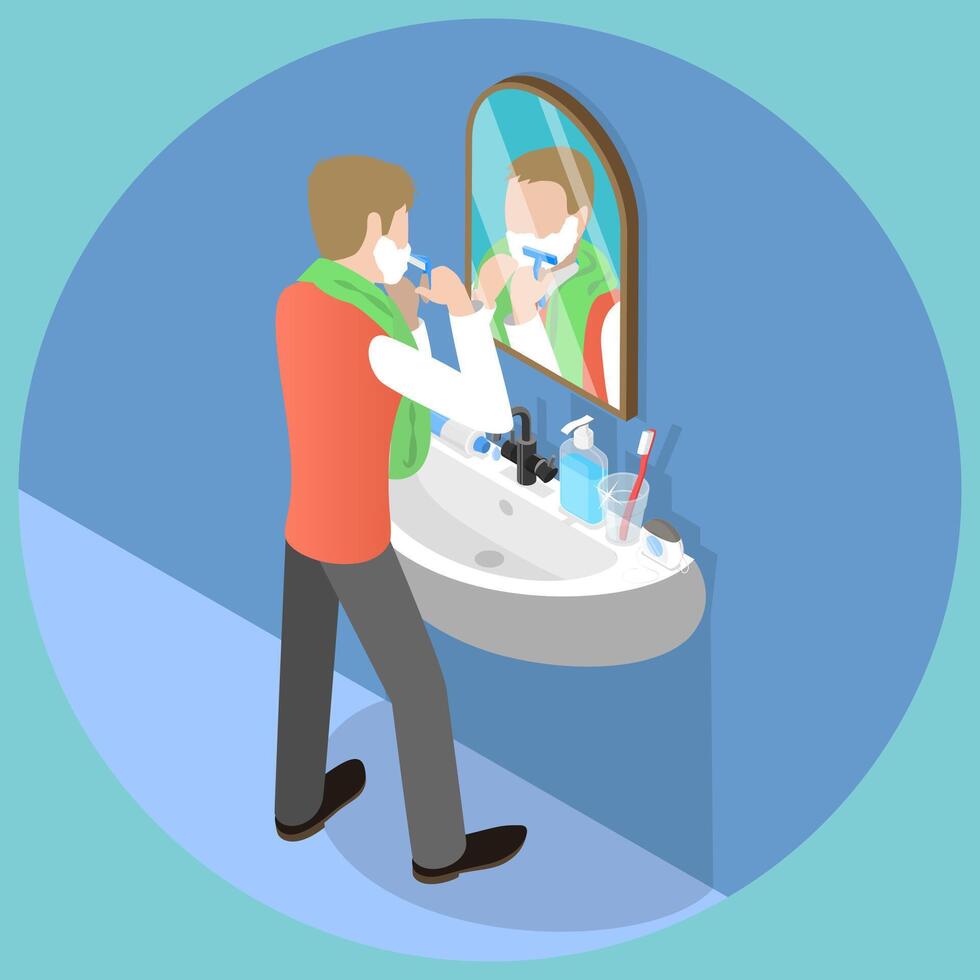 3D Isometric Flat Conceptual Illustration of Skincare For Men, Man Shaving Face vector