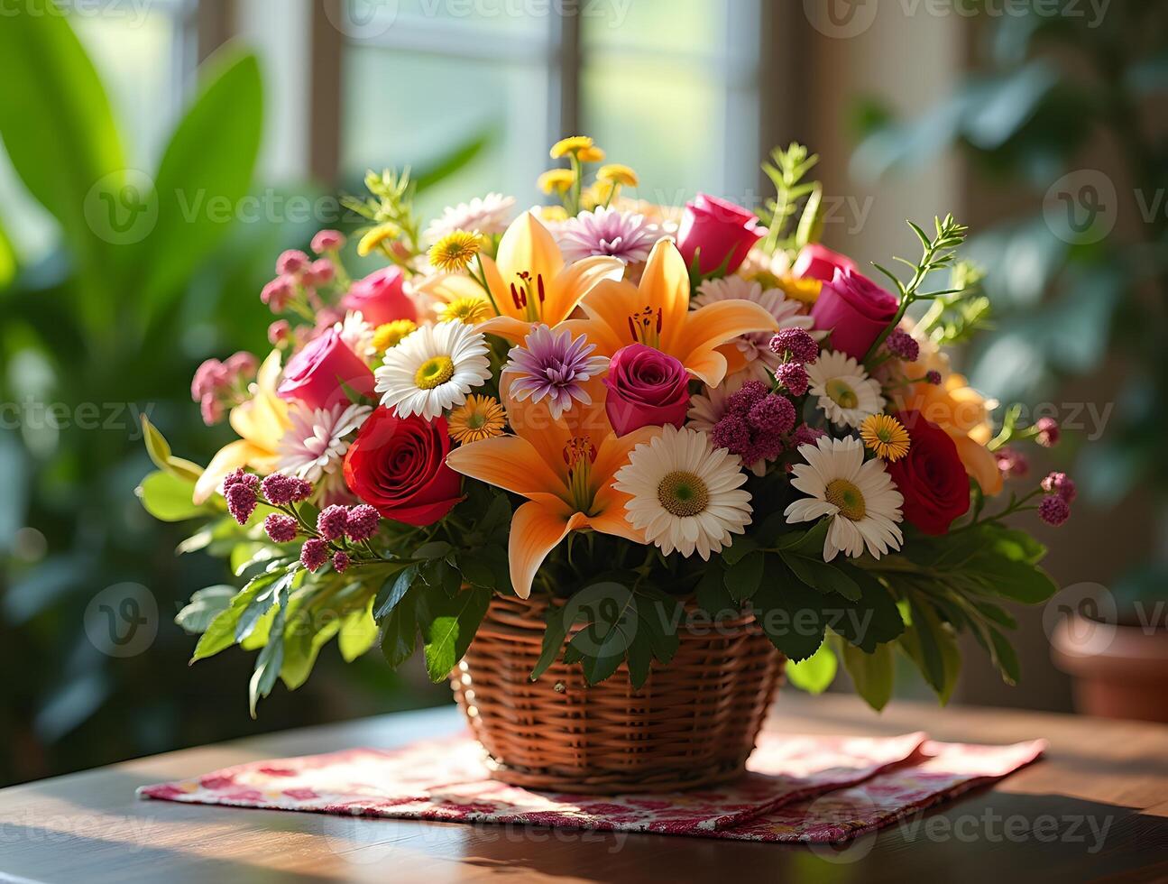 A basket filled with flowers on a table photo