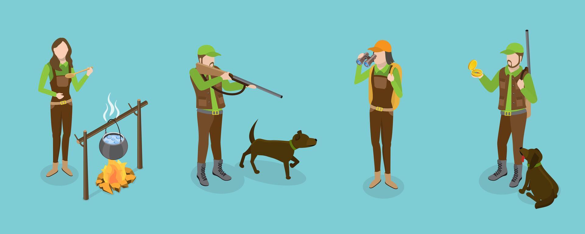 3D Isometric Flat Set of Hunters, Hunting Hobby, Sport or Outdoor Activity vector