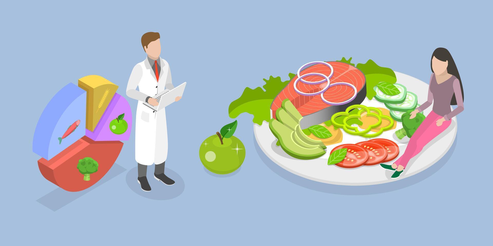3D Isometric Flat Conceptual Illustration of Nutritionist Makes Meal Plan, Diet Therapy with Healthy Food vector