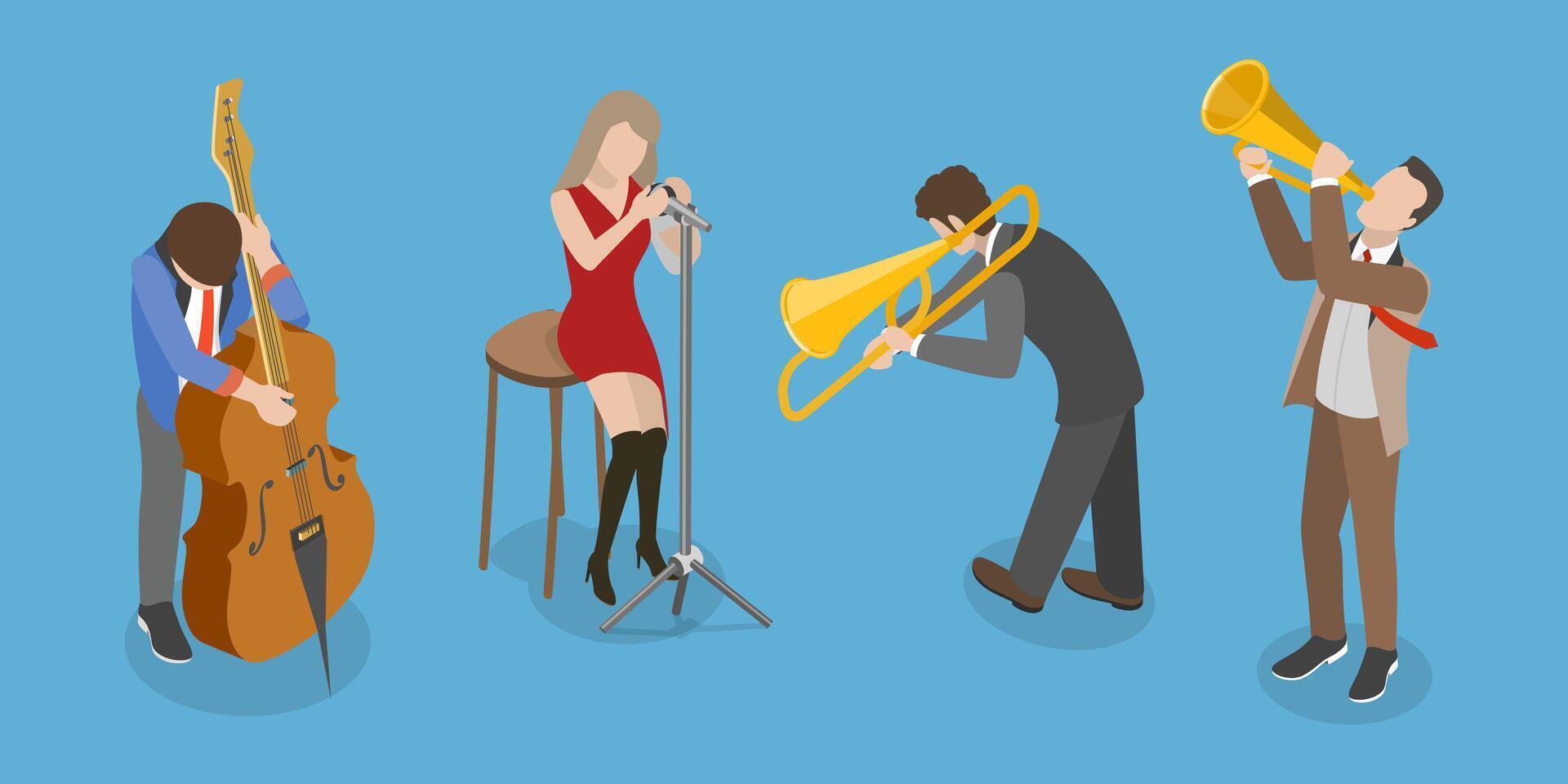 3D Isometric Flat Conceptual Illustration of Jazz Band, Festival Orchestra Performers vector