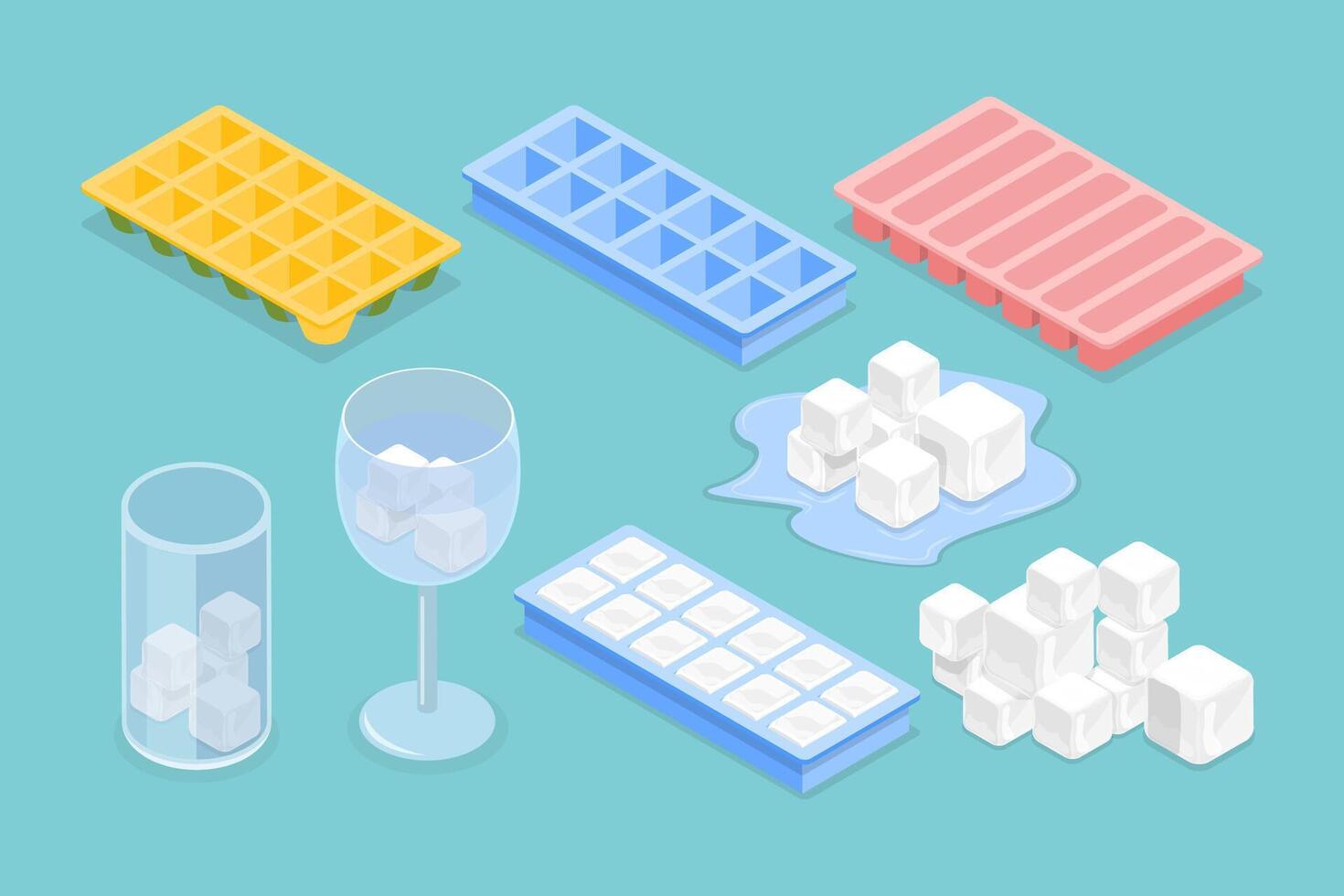 3D Isometric Flat Set of Ice Cubes for Cocktails, Plastic Trays vector