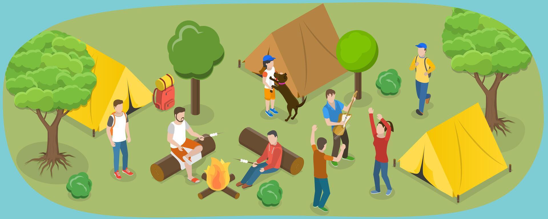 3D Isometric Flat Conceptual Illustration of Touristic Summer Campground , Camper Tourists Resting During Holiday Adventure vector