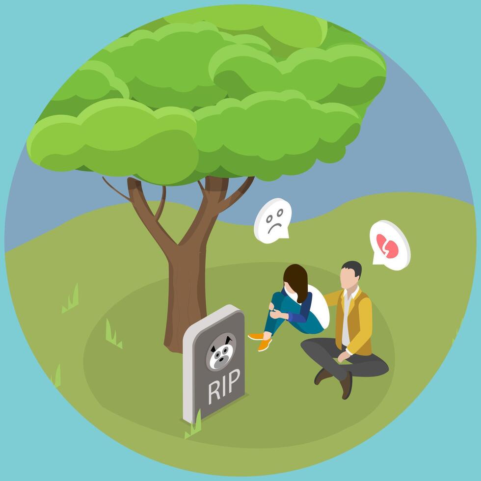 3D Isometric Flat Conceptual Illustration of Death Of Animal, Depressed Couple Crying at a Paat Gravestone vector