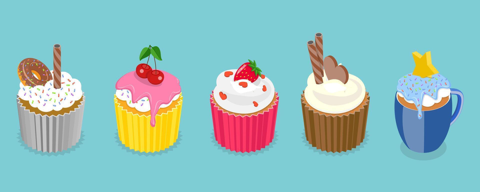 3D Isometric Flat Set of Sweet Cupcakes, Desserts for Pastry vector