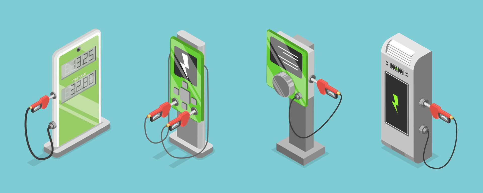 3D Isometric Flat Set of Electromobile Charging Station, Charging Station for Electric Car vector