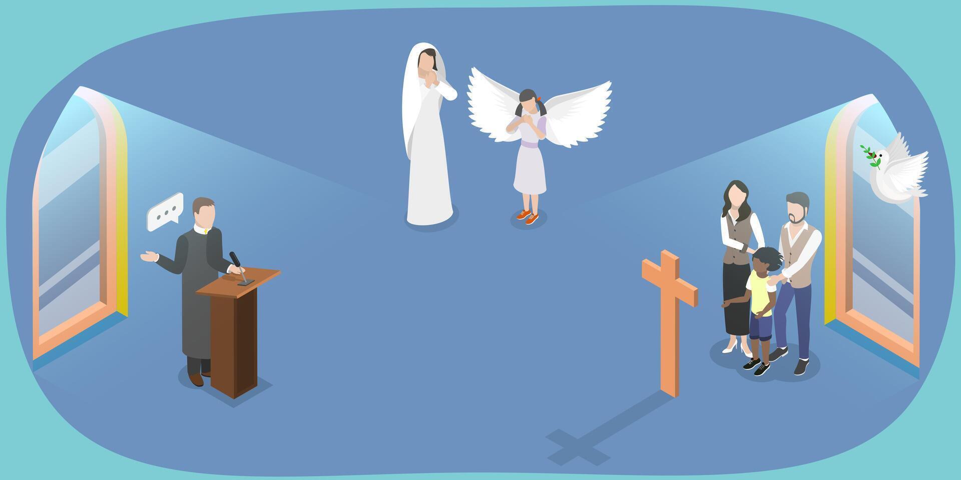 3D Isometric Flat Set of Faith And Religion, People Praying to Lord, Believing in a Higher Power vector