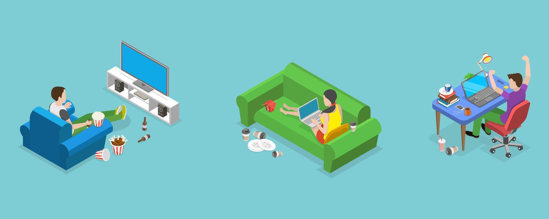 3D Isometric Flat Conceptual Illustration of Sedentary Lifestyle, Bad Habits vector