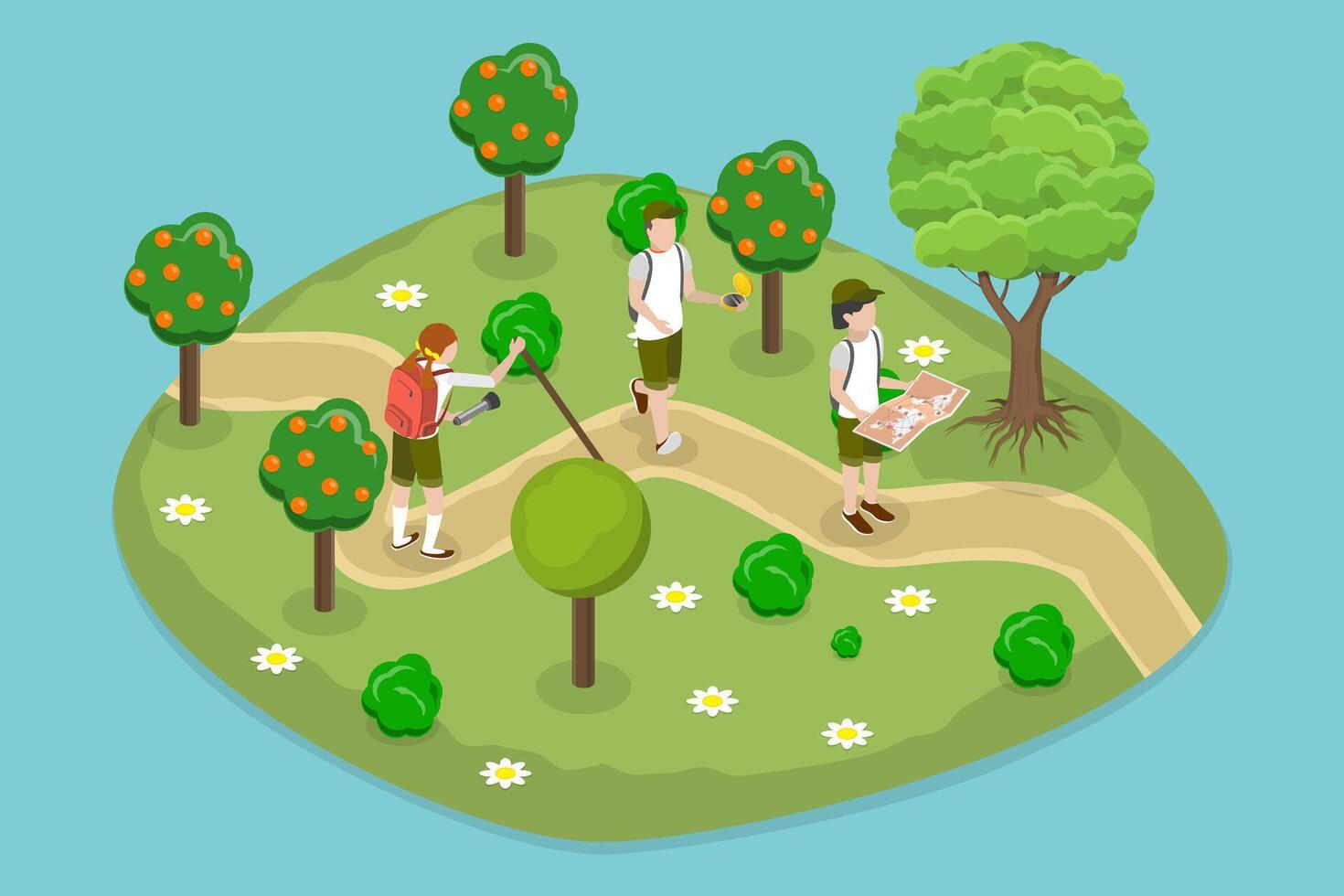 3D Isometric Flat Conceptual Illustration of Scout Kids, Hiking and Camping vector