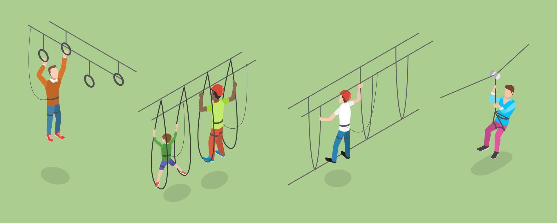 3D Isometric Flat Conceptual Illustration of Rope Park, Recreational Activities for Adults and Children vector