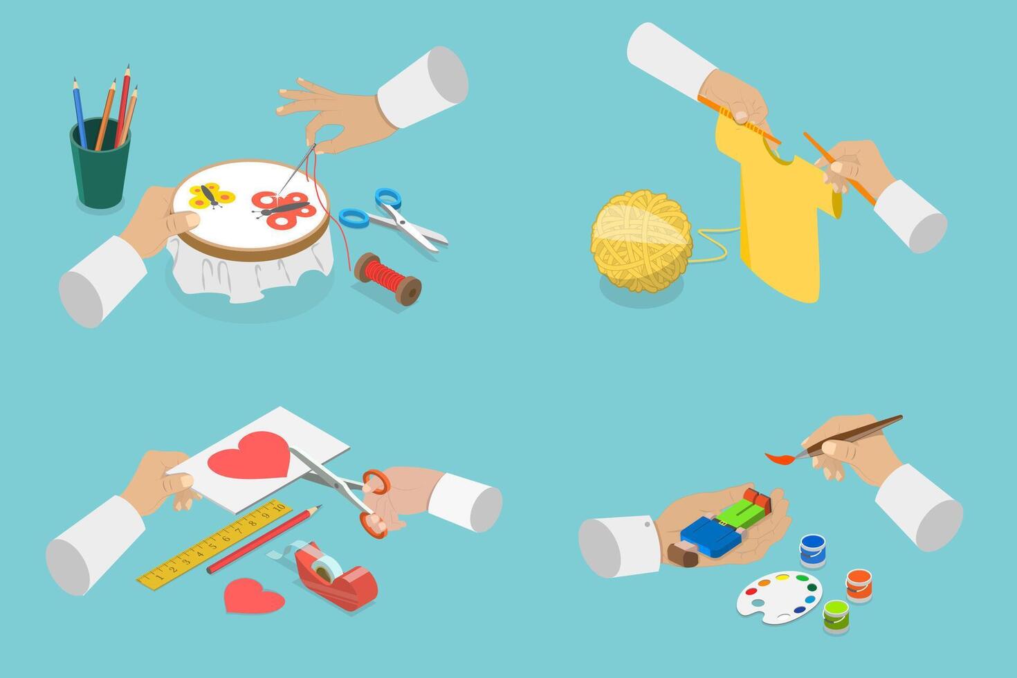 3D Isometric Flat Set of Craft Handmade Hobbies, Creative Workshop vector