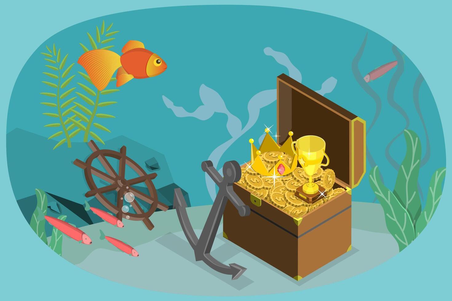3D Isometric Flat Conceptual Illustration of Underwater Treasure Chest, Mystery Box vector