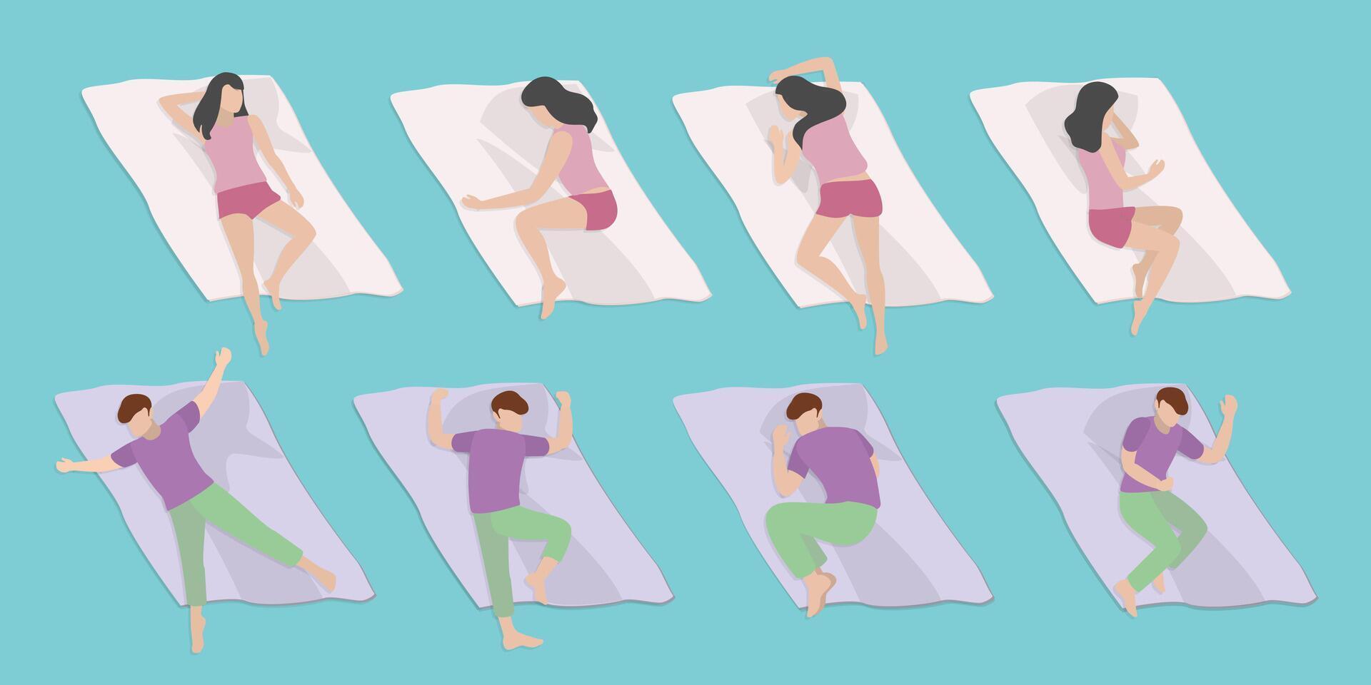 3D Isometric Flat Set of Men And Women Sleeping Poses, Healthy Tight Dream vector