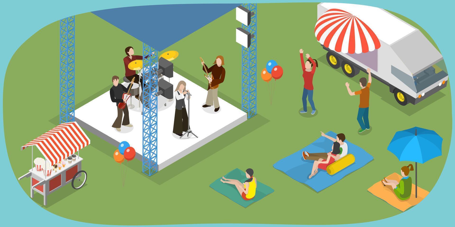 3D Isometric Flat Conceptual Illustration of Outdoor Music Festival, Summer Public Entertainment Party vector