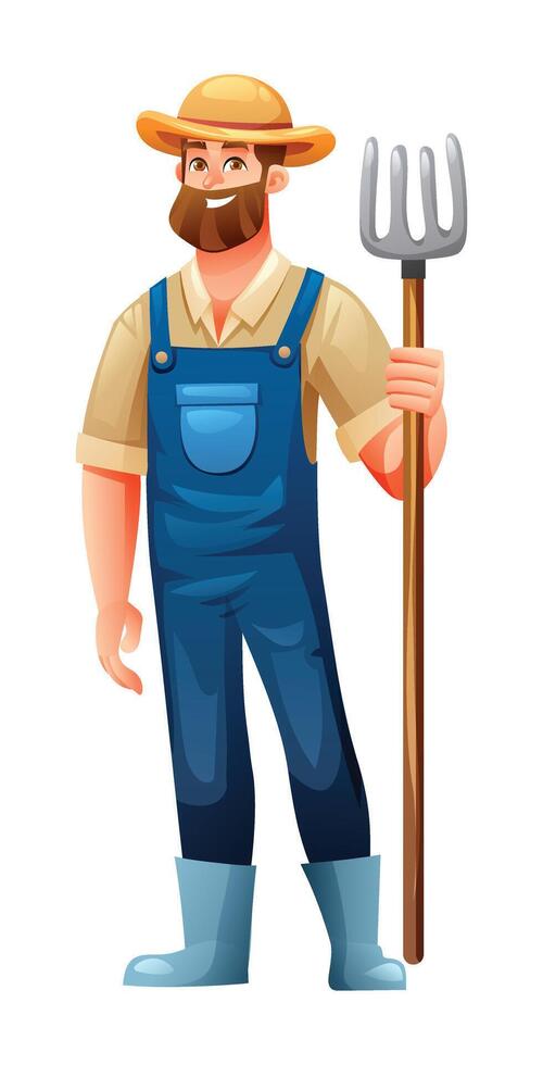 Bearded male farmer in overalls holding a pitchfork and smiling. Cartoon character illustration vector