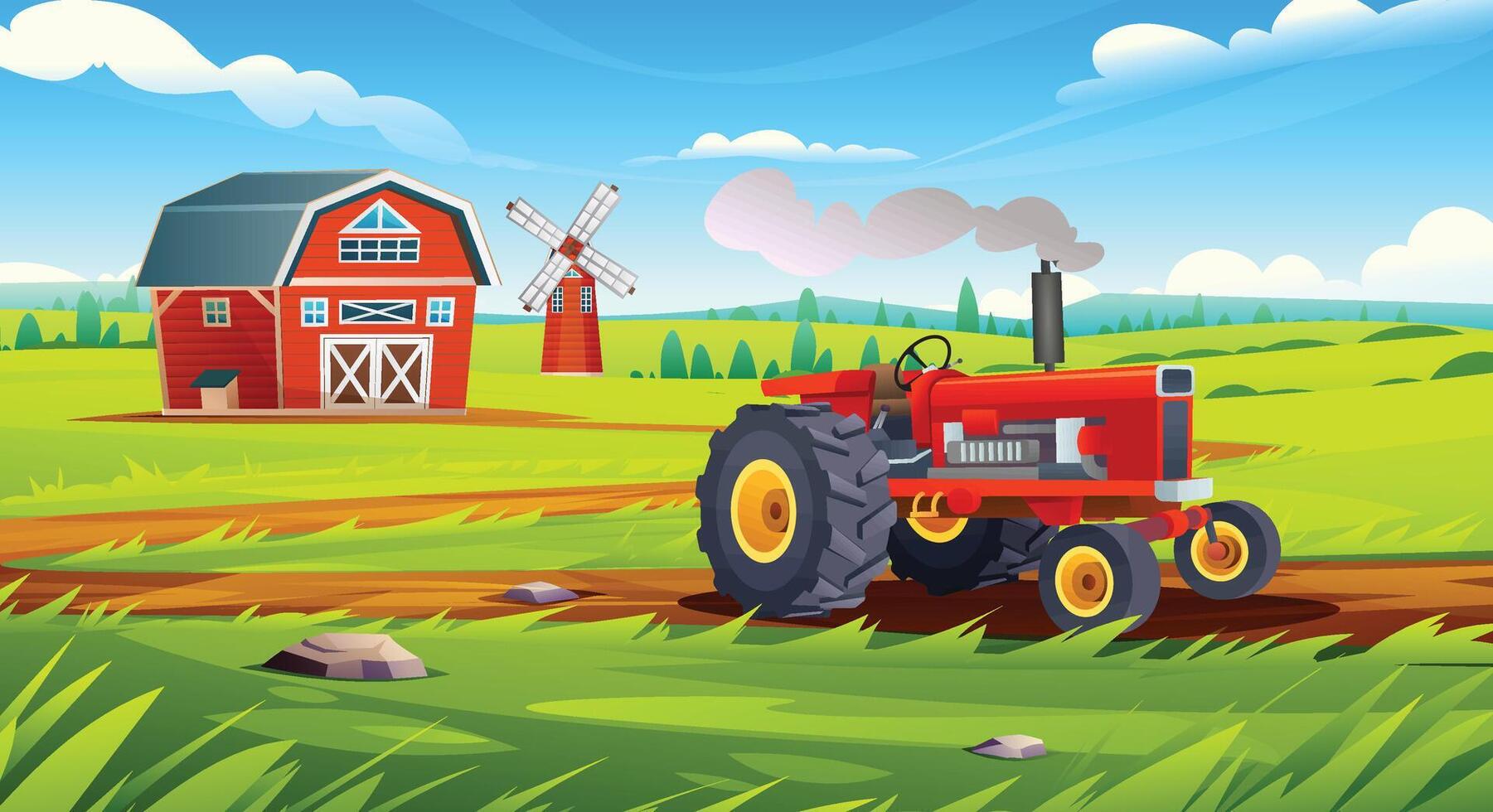 Rural farm field landscape. Tractor on dirt path with barn and windmill in lush farmland under blue sky. Cartoon illustration vector