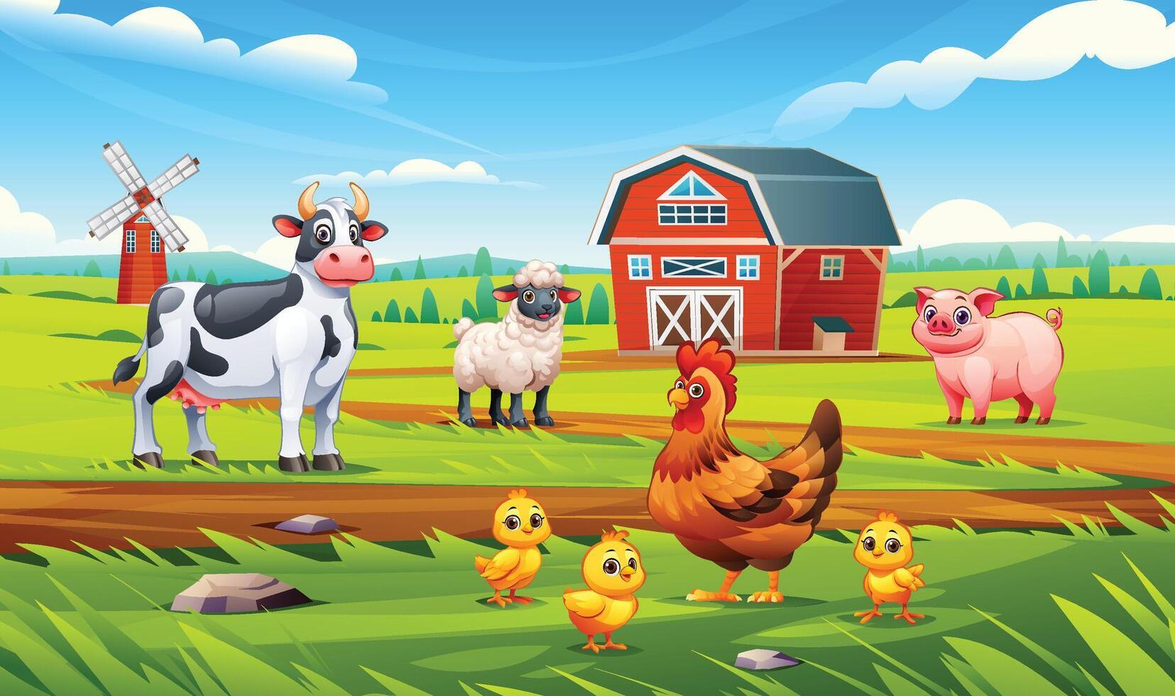 Farm animals including hen with chicks, cow, sheep, and pig standing on green field near red barn. Cartoon illustration vector