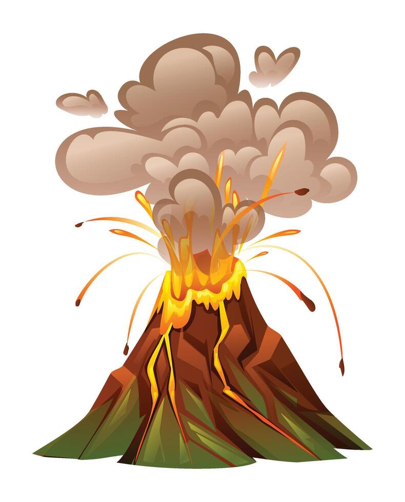 Exploding volcano eruption with smoke, lava splashes, and rocky mountain. Cartoon illustration vector